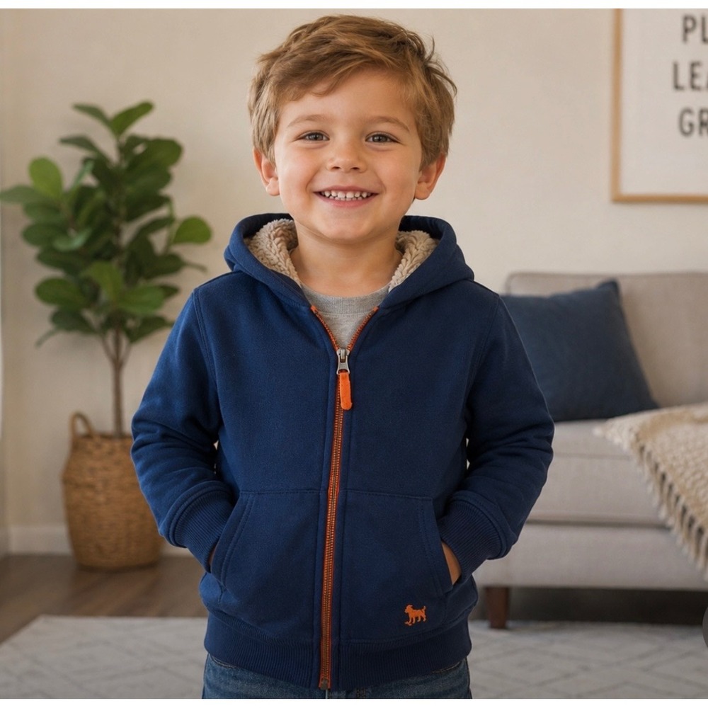 Mini Boden Boys Navy Blue Shaggy Sherpa Lined Full Zip Hoodie Jacket 4-5Y